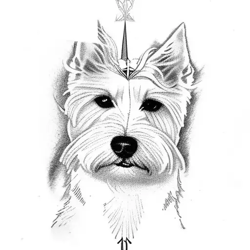 Design me a full arm sleeve including fairies, lilies, a west highland white terrier dog, Siberian husky,  tattoo design idea