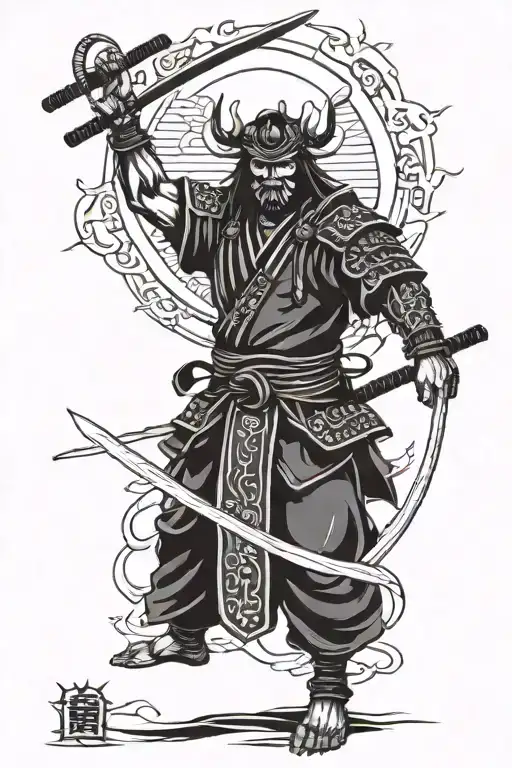 samurai standing up with his sword in hand, an ONI mask on the ground by his feet, and the sun in the background. tattoo design idea