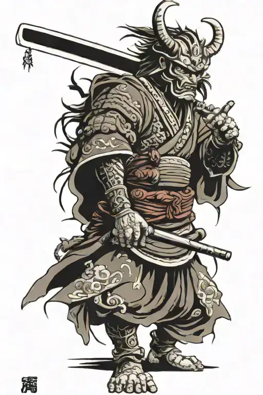 samurai standing up with his sword in hand, an ONI mask on the ground by his feet, and the sun in the background. tattoo design idea