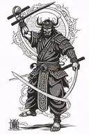 samurai standing up with his sword in hand, an ONI mask on the ground by his feet, and the sun in the background. tattoo design idea