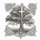 tree cross tattoo with Isaiah 41:10 written tattoo design idea