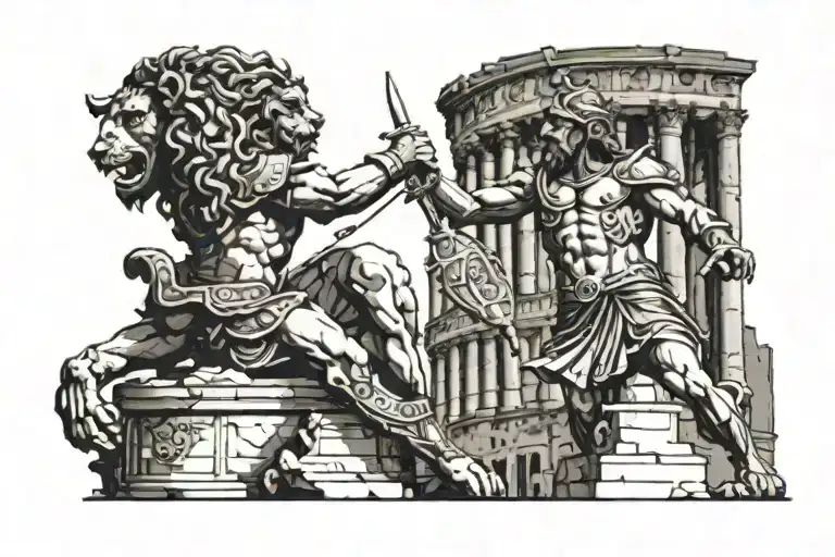 Ancient roman warrior defeating lion in coloseum tattoo design idea