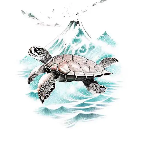 a turtle using an axe to cut through water waves tattoo design idea