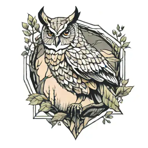 geometric forest with a geometric owl perched tattoo design idea