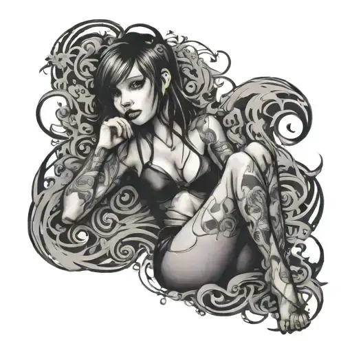 A black-grey tattoo of a sultry emo girl in a provocative pose, with subtle anime influences and a touch of nudity, capturing the essence of edgy beauty tattoo design idea