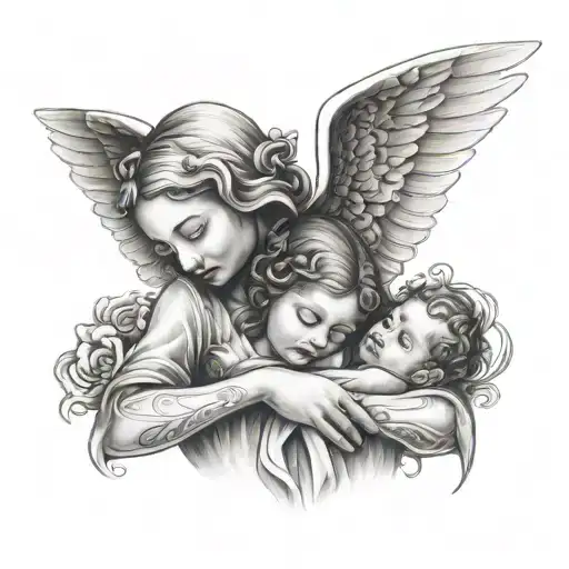 A tattoo of a mother and child embracing, with a subtle guardian angel motif in the background tattoo design idea
