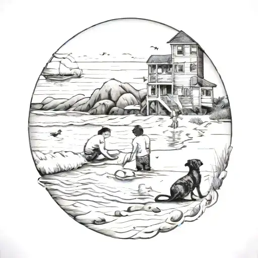 A black and grey tattoo of a beach scene in Virginia, with your children building sandcastles and your chocolate lab playing in the water tattoo design idea