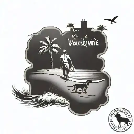A black and grey tattoo of a beach scene in Virginia, with your children building sandcastles and your chocolate lab playing in the water tattoo design idea