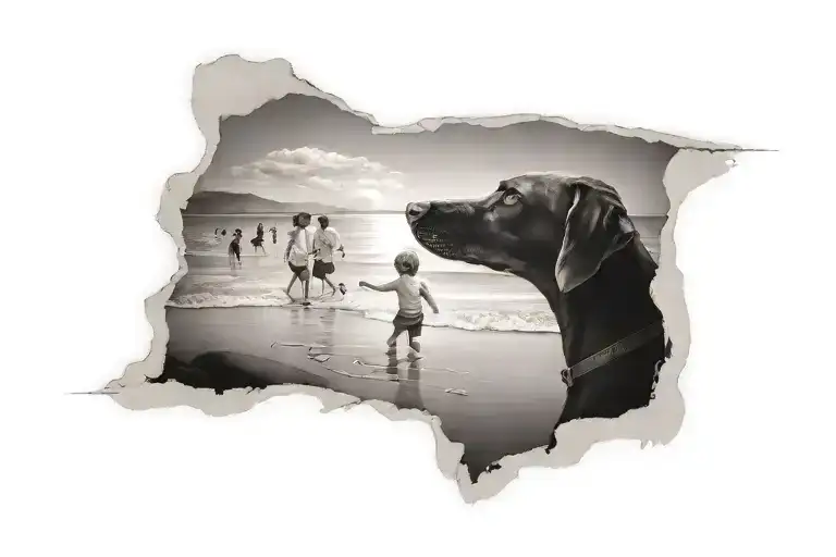 A black and grey tattoo of a beach scene in Virginia, with your children building sandcastles and your chocolate lab playing in the water tattoo design idea