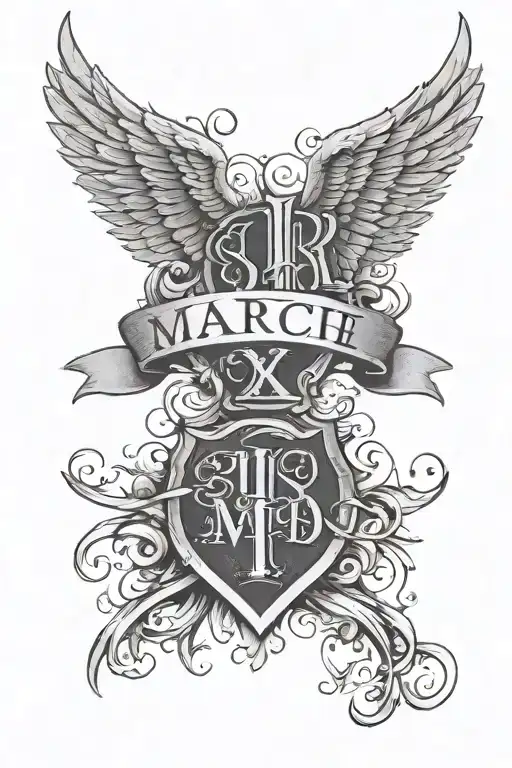 MARCH 20, 2013 IN ROMAN NUMERALS INSIDE A BANNER WITH ANGEL WINGS AROUND tattoo design idea