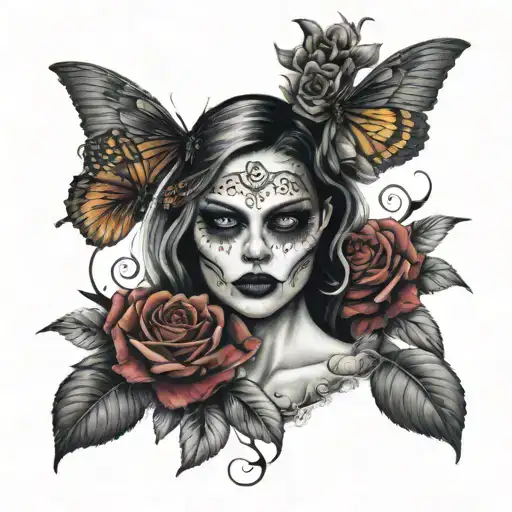 Girl face muerte  , roses, blueberry, wings,  tattoo design idea