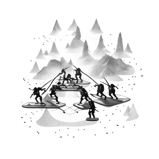 An epic battle scene with skaters and gamers fighting side by side tattoo design idea