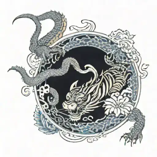 fine line tattoo design combining dragon and tiger china porcelain effect tattoo design idea