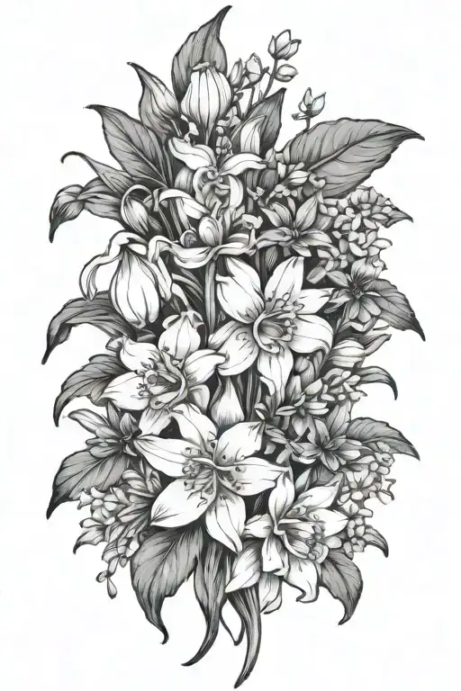lilly of the valley, delphinium, snow drop, Chrysanthemum, daisy, and daffodil wild flowers tattoo design idea