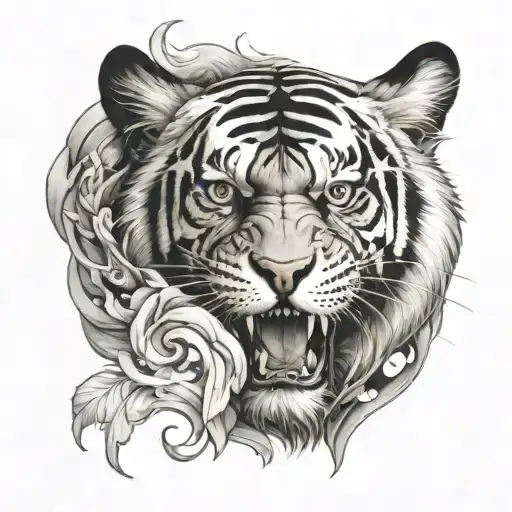 half tiger face half skull combined together tattoo design idea