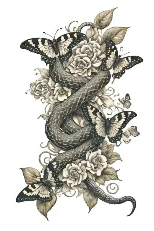 snake, flowers, butterflies, leaves intertwined tattoo design idea