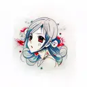 anime girl with little blood streaming down her face that becomes another her with white eyes tattoo design idea