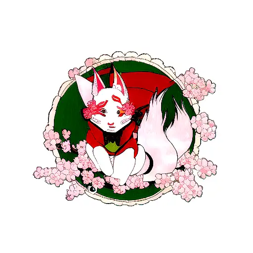kitsune mask with cherry blossoms tattoo design idea
