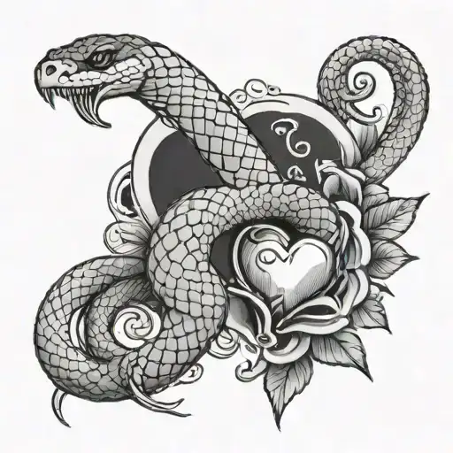 snake running down the arm with a dagger piercing a heart tattoo design idea