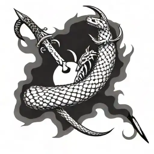 snake running down the arm with a dagger piercing a heart tattoo design idea