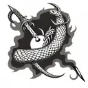 snake running down the arm with a dagger piercing a heart tattoo design idea