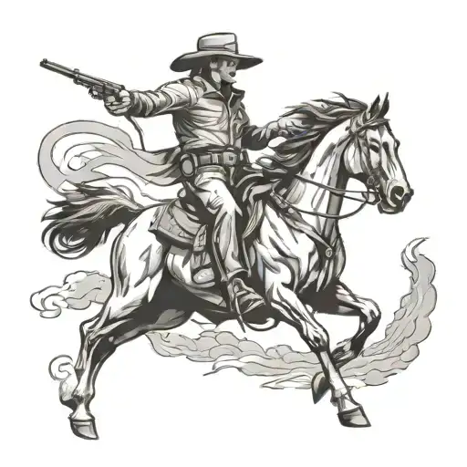 cowboy riding horse across plains while shooting a gun  tattoo design idea