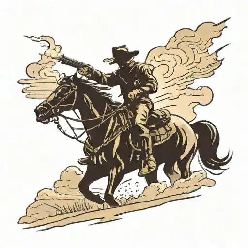 silhouette of cowboy riding across plains while firing a gun  tattoo design idea