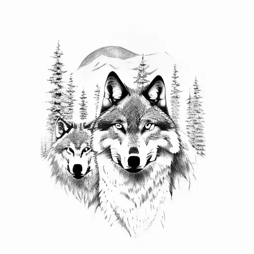 3 wolf brother ,one on the rock and the other 2 is under the place is the forest tattoo design idea