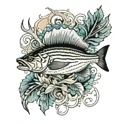 striped bass with antlers and turkey tail feathers   tattoo design idea