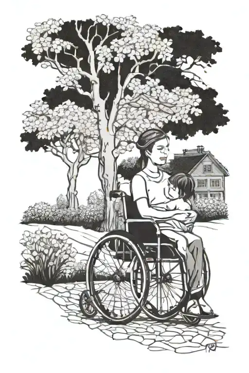 Mother wheelchair son behind her watching pear trees  tattoo design idea