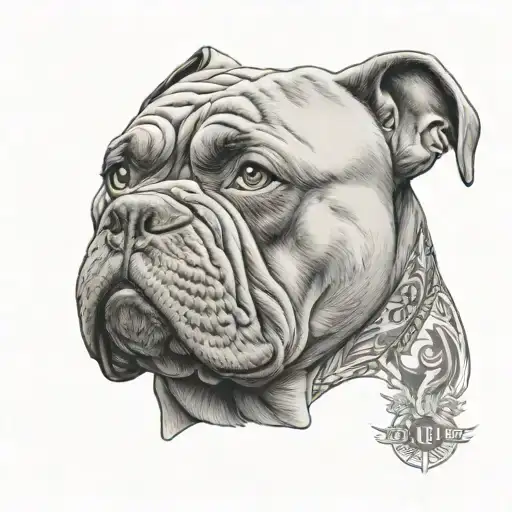 Design a black-grey portrait of an American bully dog with a rap music themed background tattoo design idea