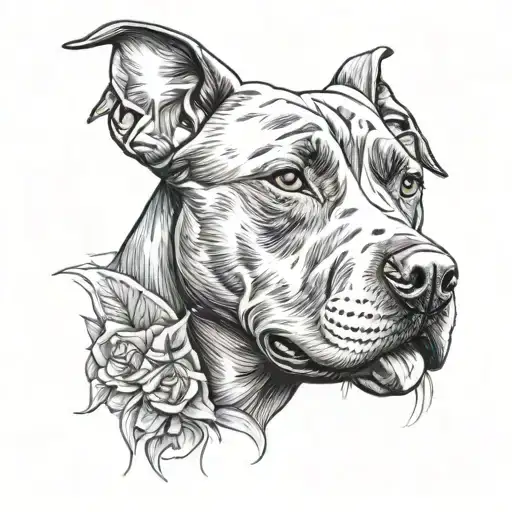 Design a black-grey portrait of an pitbull dog with a rap music themed background tattoo design idea
