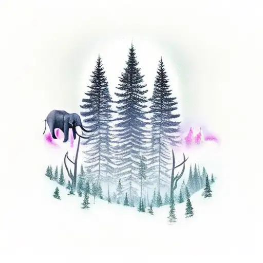 elephant walking with the northern lights in the sky and pine trees in the background tattoo design idea