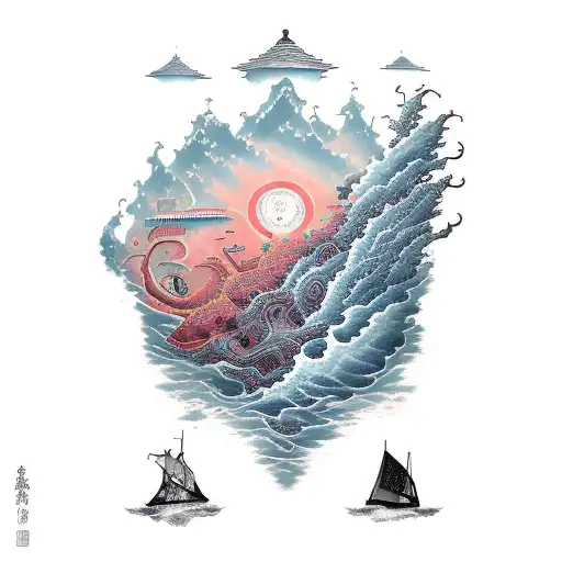 old school map fading into a stormy sea which then fades into a calm shore tattoo design idea