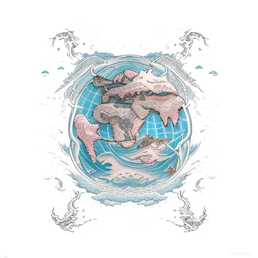 old school map fading into a stormy sea which then fades into a calm shore tattoo design idea