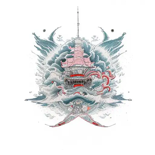 old school map fading into a stormy sea which then fades into a calm shore tattoo design idea
