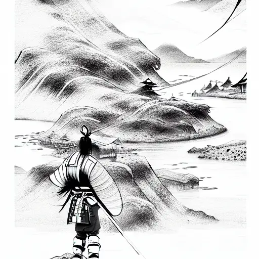 Samurai,mountain view passing through river tattoo design idea