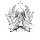 Praying hands with bible and guidance label big  tattoo design idea