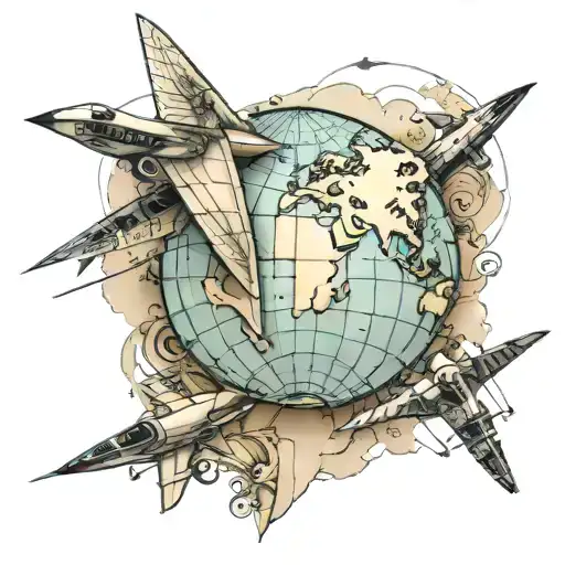 Paper aeroplane flying from a map and then round a globe. tattoo design idea