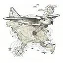 Paper aeroplane flying above a map tattoo design idea
