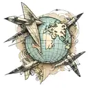Paper aeroplane flying from a map and then round a globe. tattoo design idea