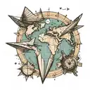 Paper aeroplane flying from a map and then round a globe. tattoo design idea
