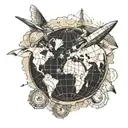 Paper aeroplane flying from a map and then round a globe. tattoo design idea