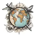 Paper aeroplane flying from a map and then round a globe. tattoo design idea