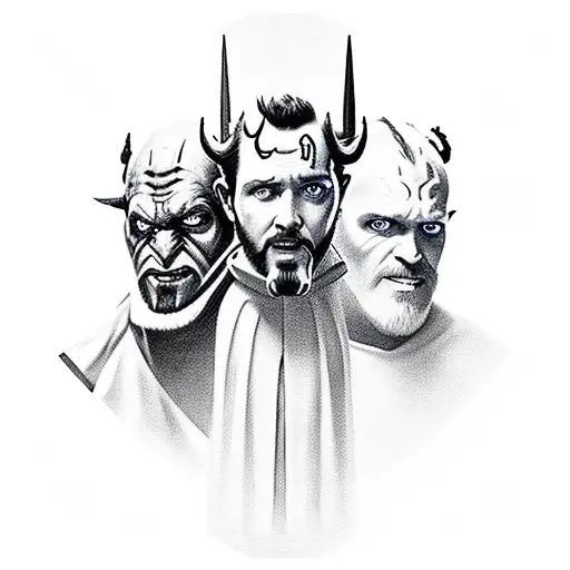 figtning Quigon on the right, Darth Maul in the middle and Obiwan on the left side.It's all in 2D tattoo design idea