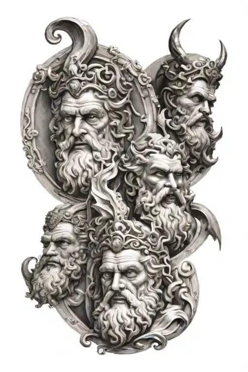 3 stages, zeus head on top, posiedon in the middle and hades on the bottom all with their respective surrouindings tattoo design idea