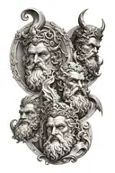 3 stages, zeus head on top, posiedon in the middle and hades on the bottom all with their respective surrouindings tattoo design idea