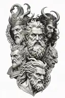 3 stages, zeus head on top, posiedon in the middle and hades on the bottom all with their respective surrouindings tattoo design idea