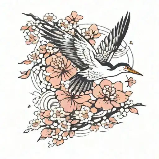 crane cherry blossom petals falling tattoo design idea