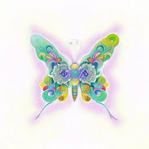 A vibrant new-school tattoo design featuring a kaleidoscope of colorful butterflies in shades of green and yellow, arranged in an interesting shape. tattoo design idea